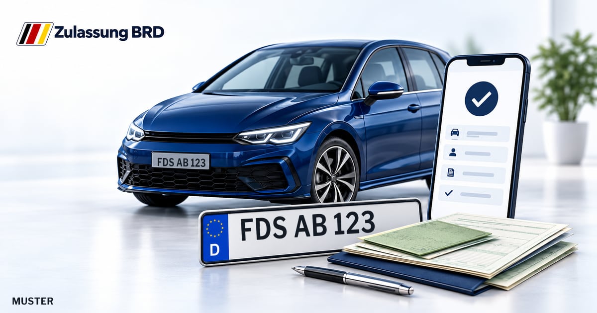 Online Fahrzeugzulassung in Baiersbronn: Musterkennzeichen FDS AB 123, Auto und Fahrzeugpapiere und Smartphone. Illustration mit Logo von Zulassung BRD.